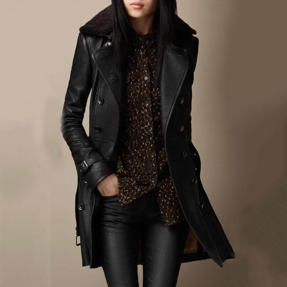Elegant Coat Grained Leather Look Modern Chic Timeless