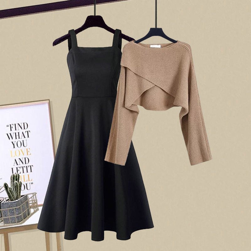 Two Piece Knit Dress Set A Line Dress Cropped Jumper