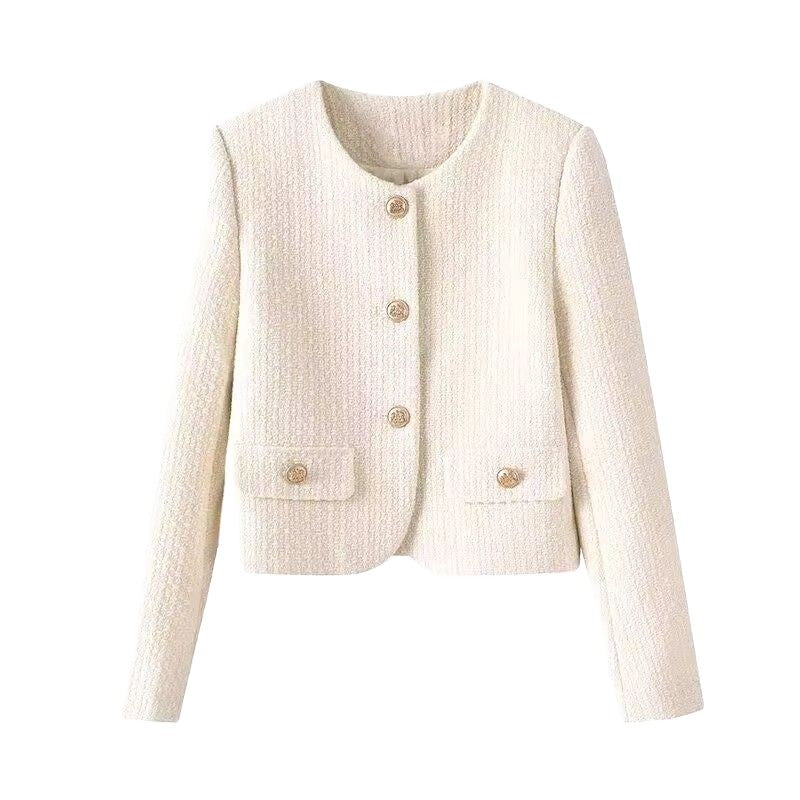 Elegant Short Tweed Jacket for Women with Gold Buttons