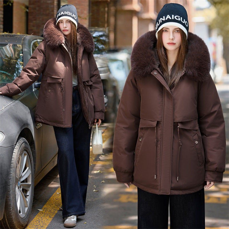 Short Thermal Parka Detachable Faux Fur Collar Pockets
