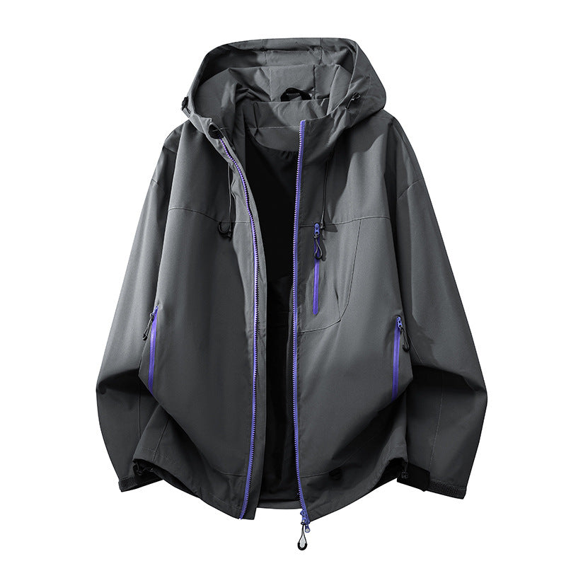 Technical outdoor jacket for women with multifunctional pockets and adjustable hood system
