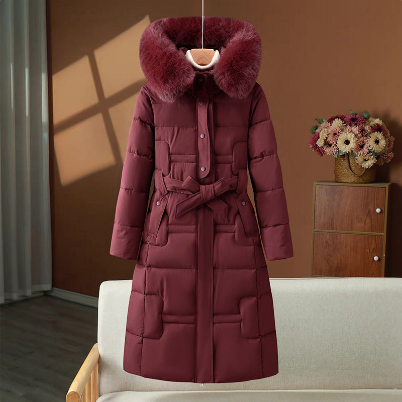 Long Quilted Winter Coat Detachable Faux Fur Collar
