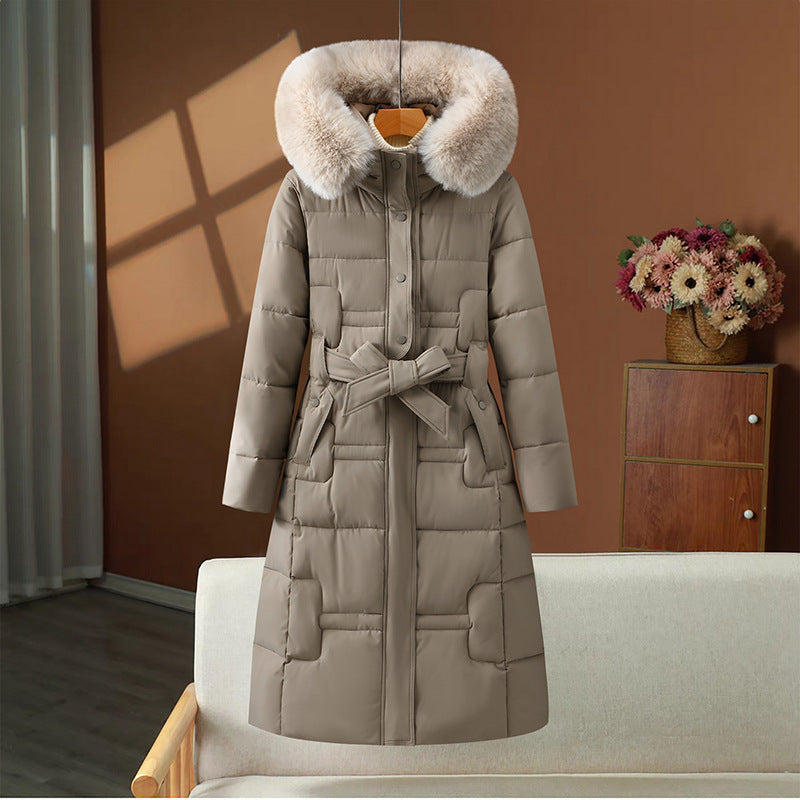 Long Quilted Winter Coat Detachable Faux Fur Collar