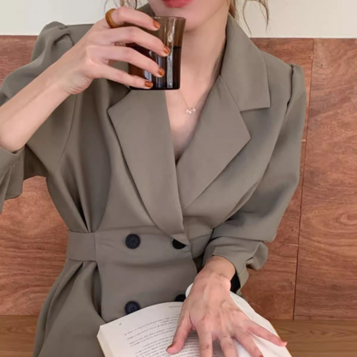 Double Breasted Blazer Dress Puff Sleeves Long Lapel