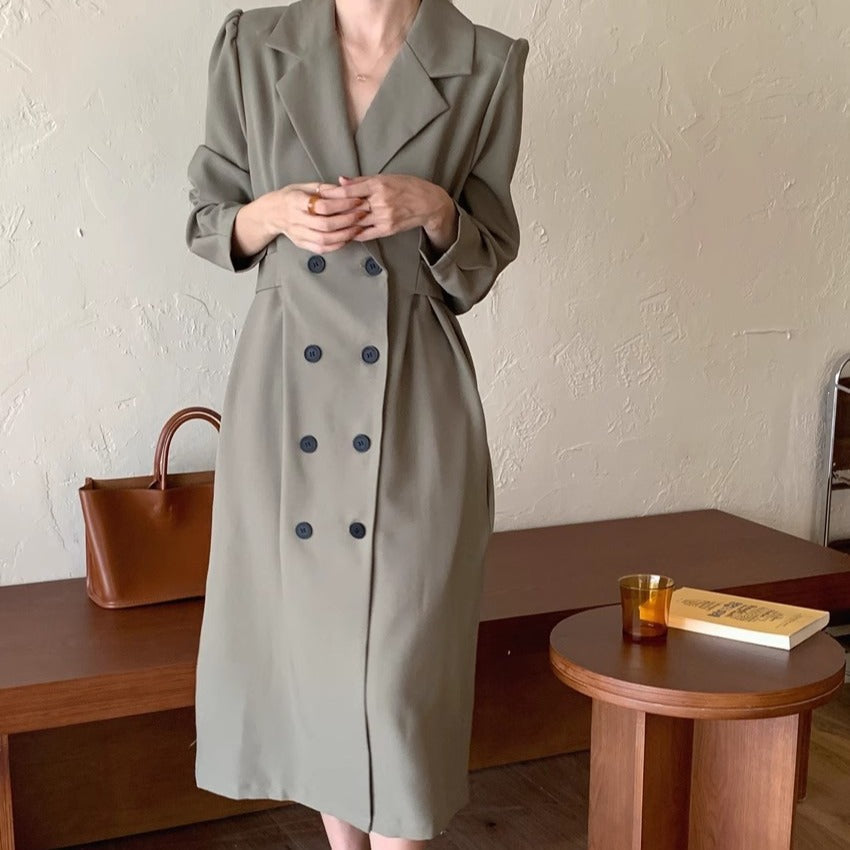 Double Breasted Blazer Dress Puff Sleeves Long Lapel