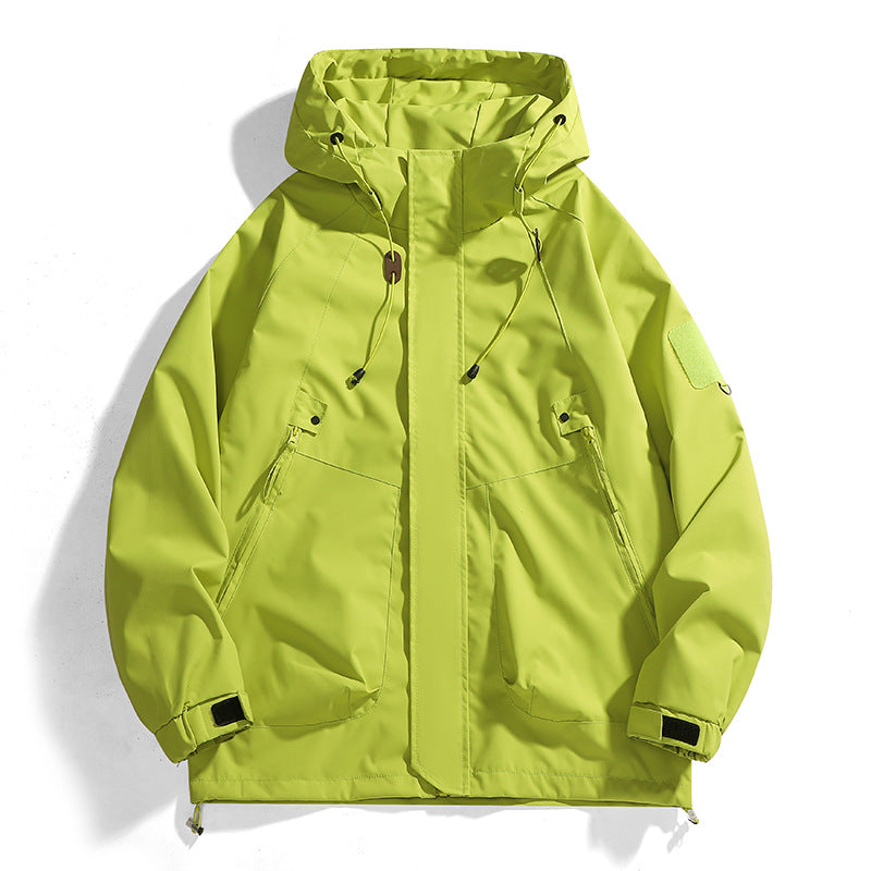 Women's waterproof outdoor jacket with adjustable hood and breathable inserts