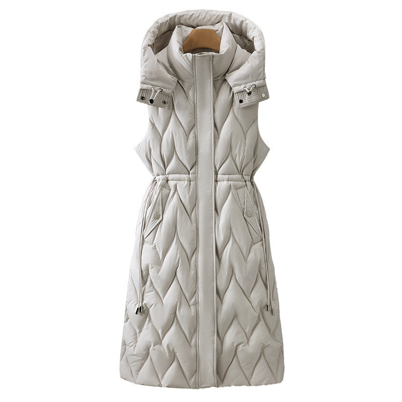 Long Quilted Gilet Hooded Adjustable Drawstring Waist
