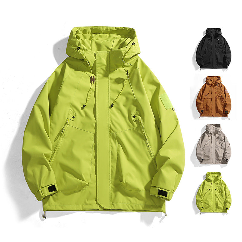 Women's waterproof outdoor jacket with adjustable hood and breathable inserts