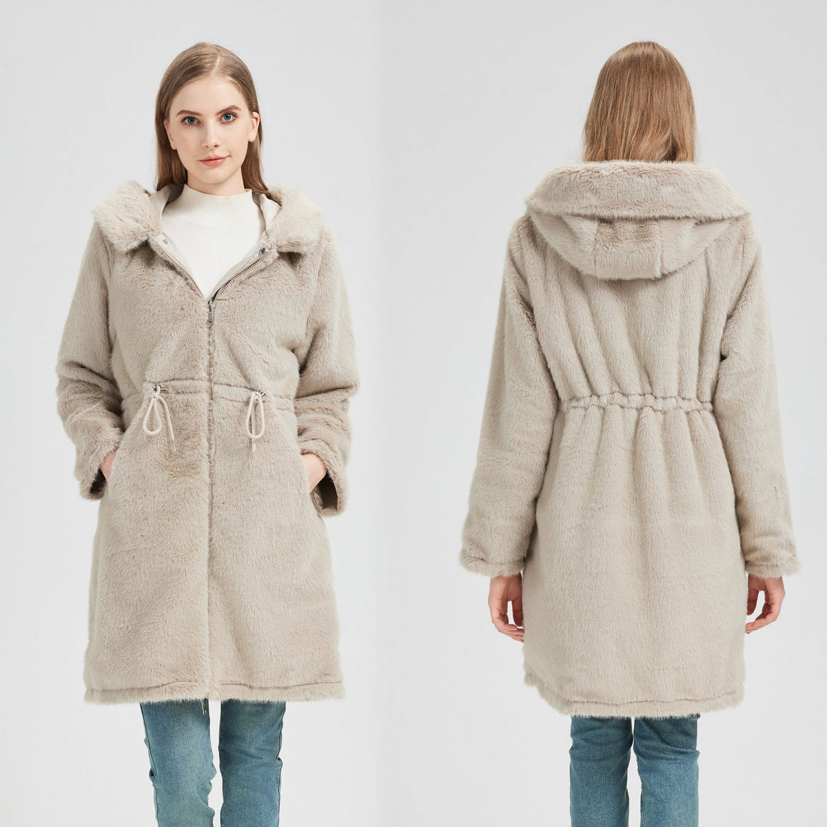 Long Parka Detachable Hood Adjustable Waist Drawstring