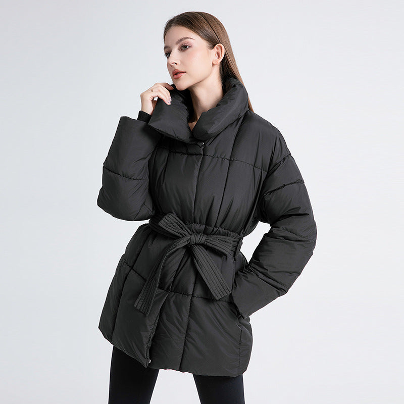 Fitted Thermal Quilted Coat Tie Belt Square Quilting
