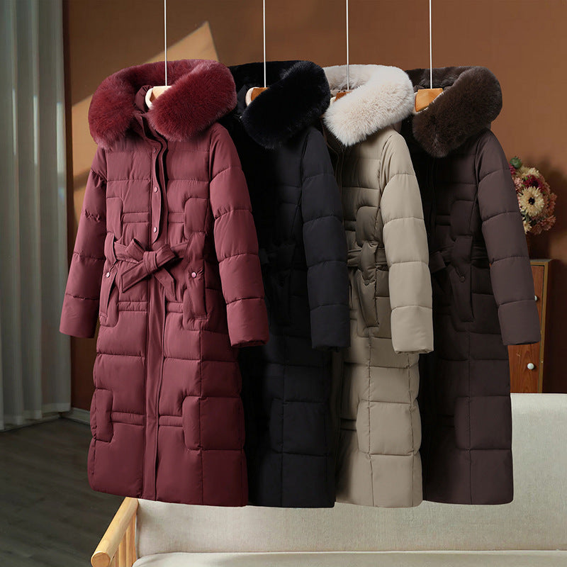 Long Quilted Winter Coat Detachable Faux Fur Collar