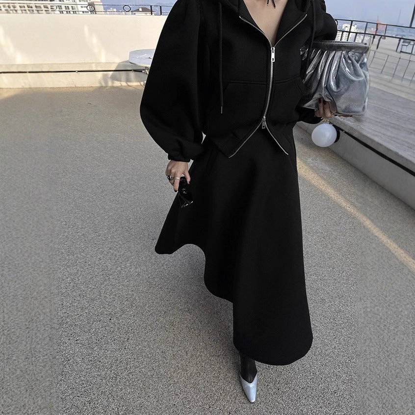 Sweat Set Balloon Sleeves Flared Midi Skirt Two Piece