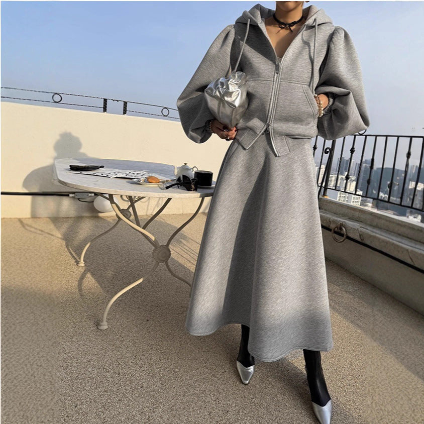 Sweat Set Balloon Sleeves Flared Midi Skirt Two Piece