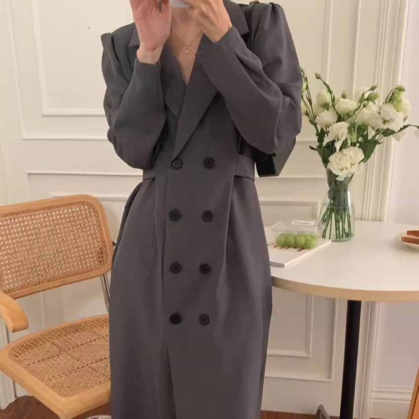 Double Breasted Blazer Dress Puff Sleeves Long Lapel