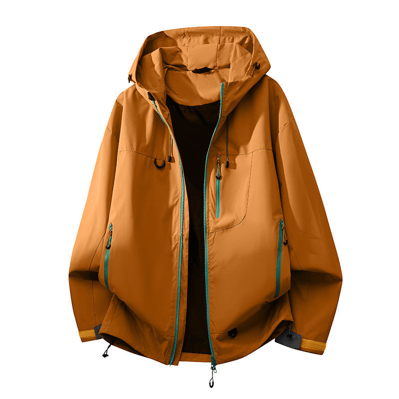 Technical outdoor jacket for women with multifunctional pockets and adjustable hood system
