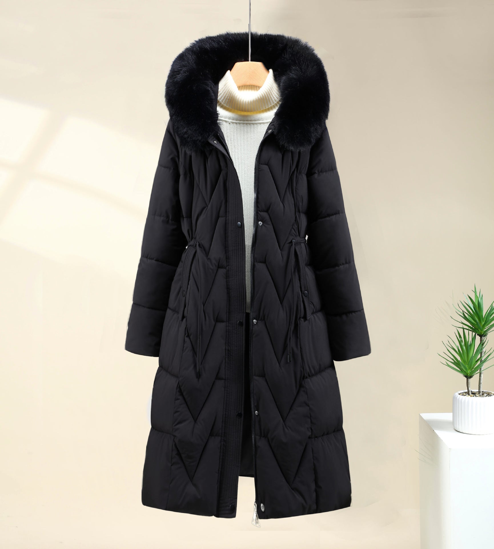 Long Quilted Parka Faux Fur Hood Ribbed Cuffs Winter