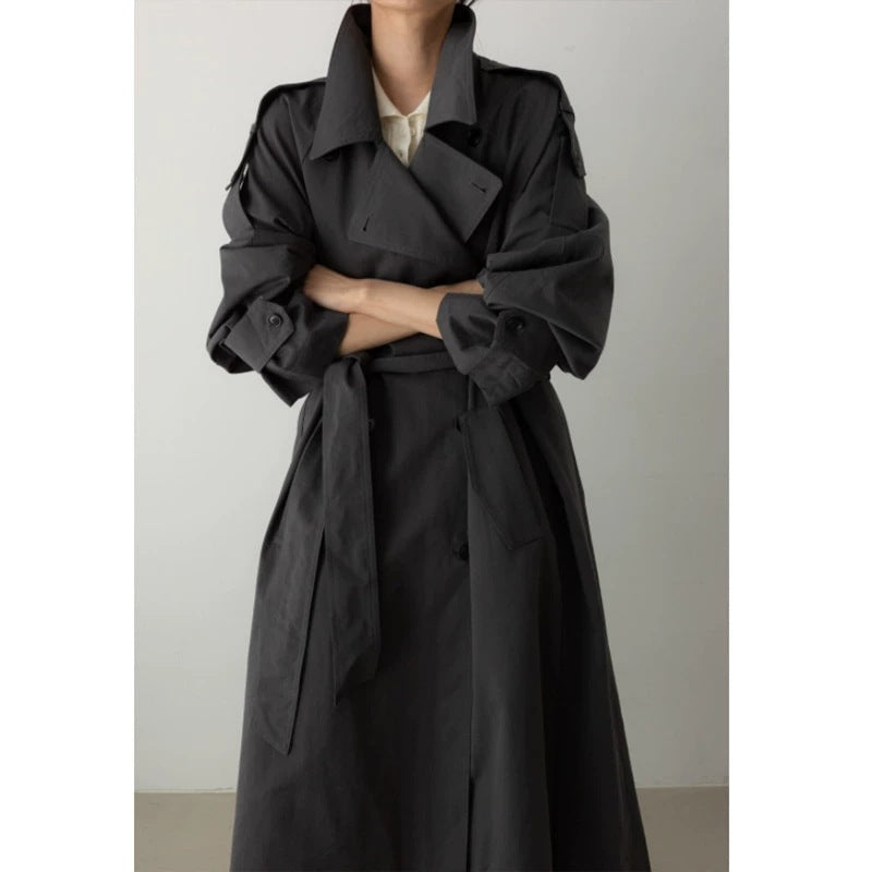 Oversized Trench Coat Maxi Length Waist Belt Epaulettes