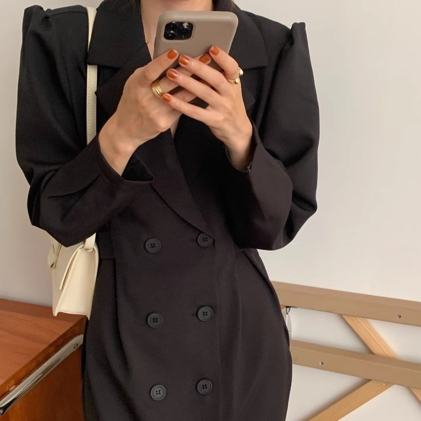 Double Breasted Blazer Dress Puff Sleeves Long Lapel