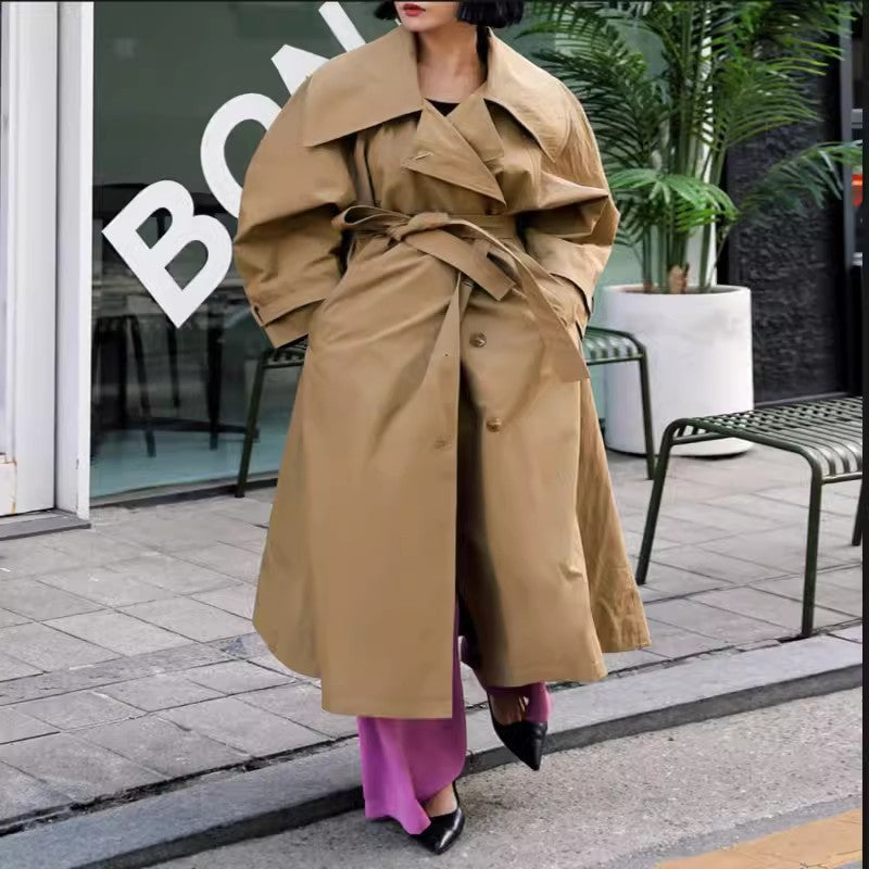 Oversized Trench Coat Waterfall Collar Tie Belt Relaxed