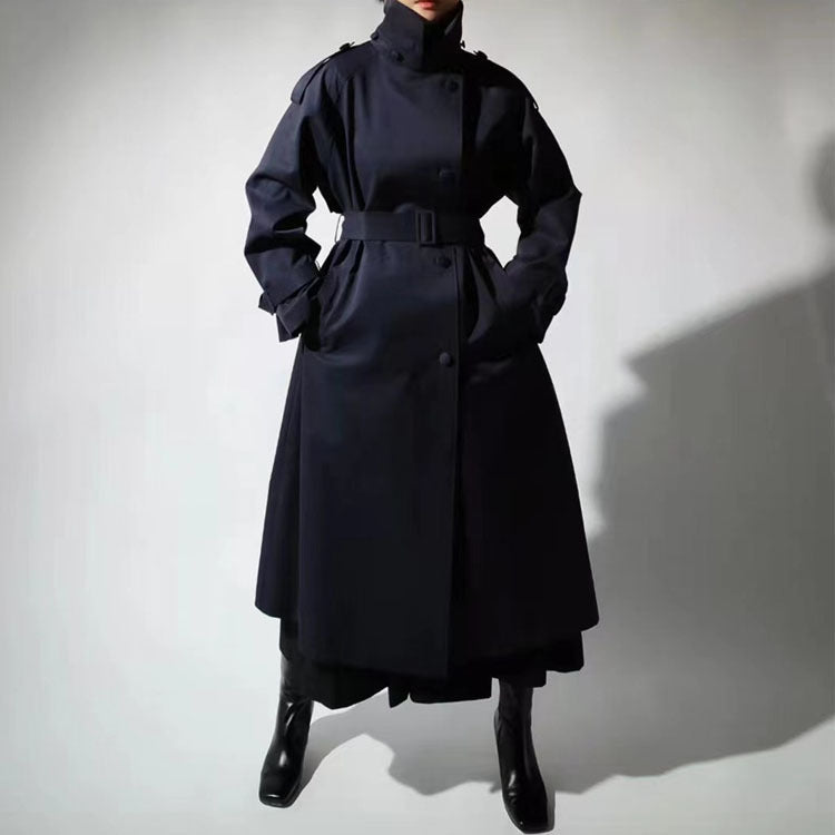 Maxi Length Trench Coat High Stand Collar Waist Belt
