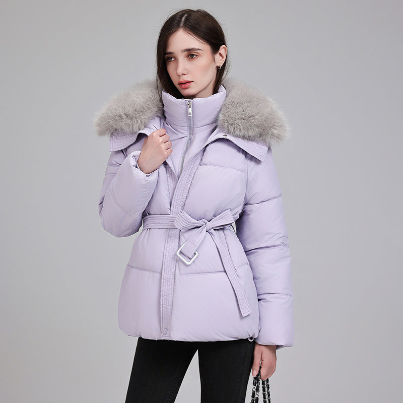 Short Quilted Coat Detachable Faux Fur Collar Belt