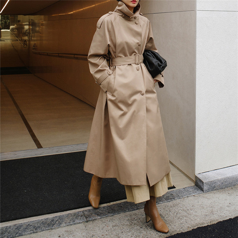 Long Trench Coat Waist Belt High Stand Collar Elegant