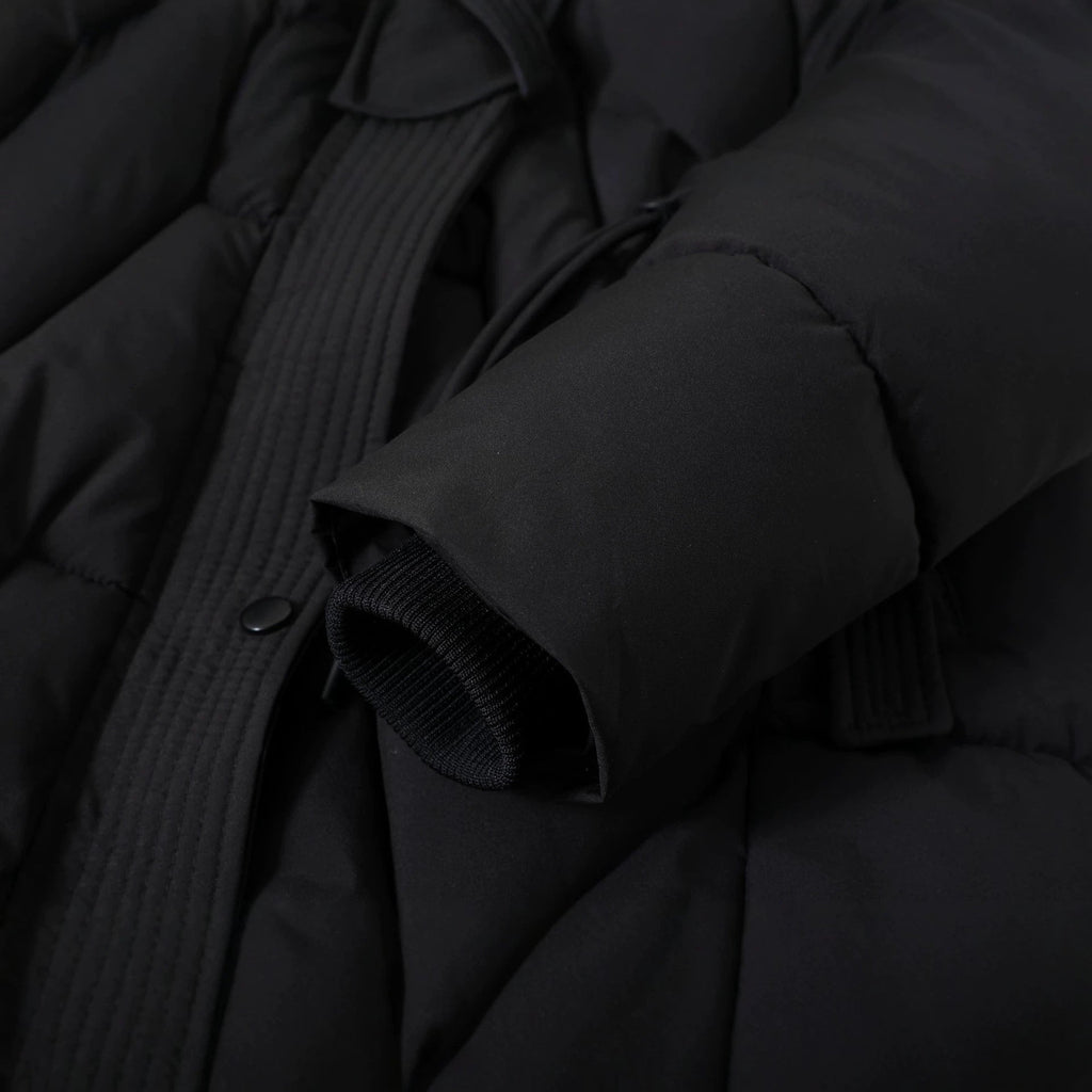 Long Quilted Parka Faux Fur Hood Ribbed Cuffs Winter