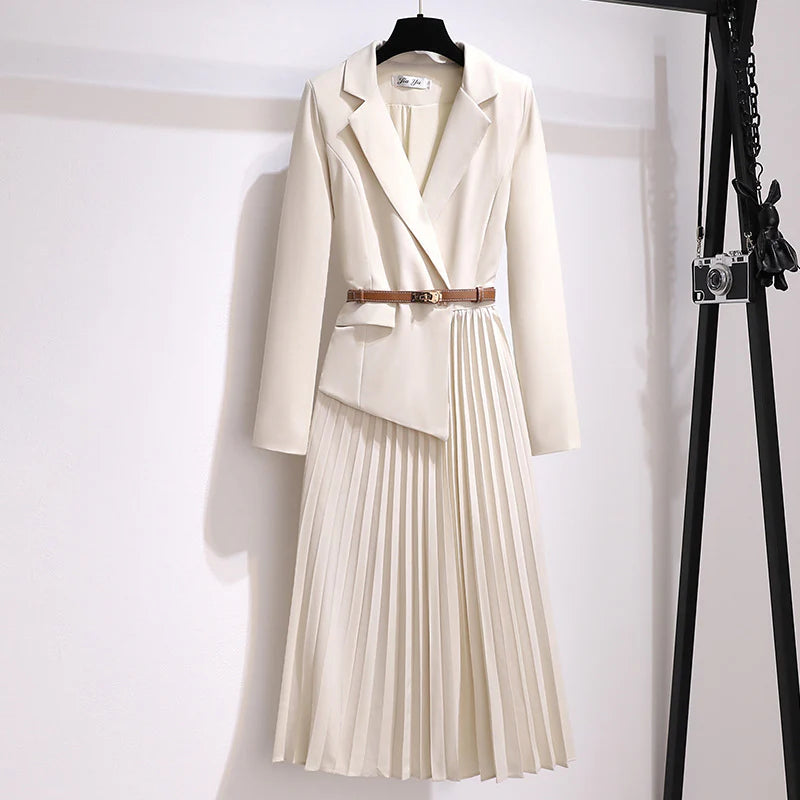 Women’s Pleated Blazer Dress Belted Long Sleeve