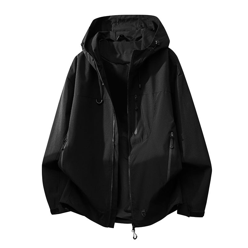 Technical outdoor jacket for women with multifunctional pockets and adjustable hood system