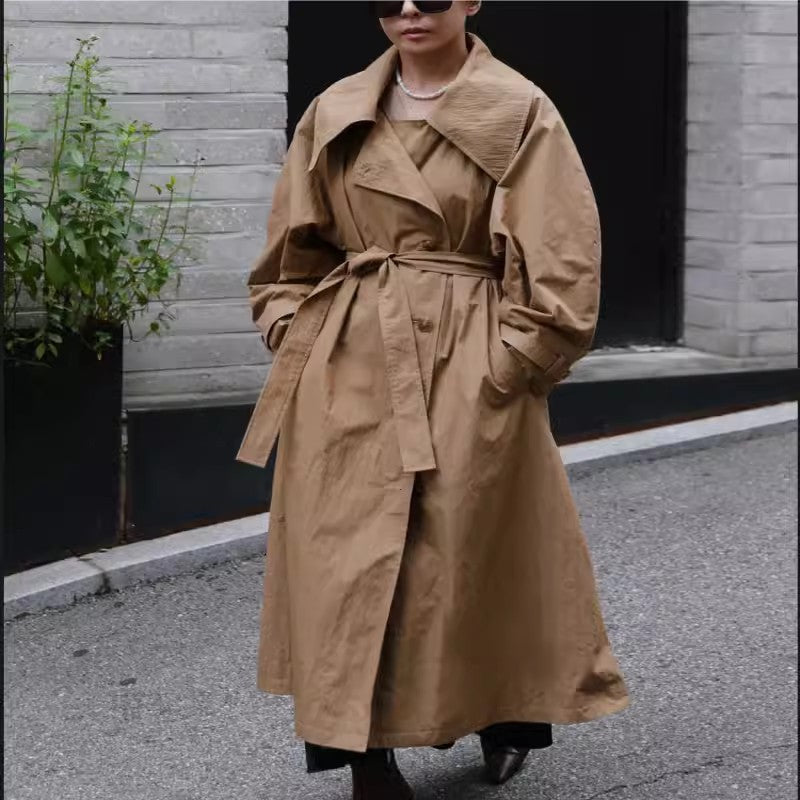 Oversized Trench Coat Waterfall Collar Tie Belt Relaxed