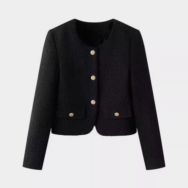 Elegant Short Tweed Jacket for Women with Gold Buttons