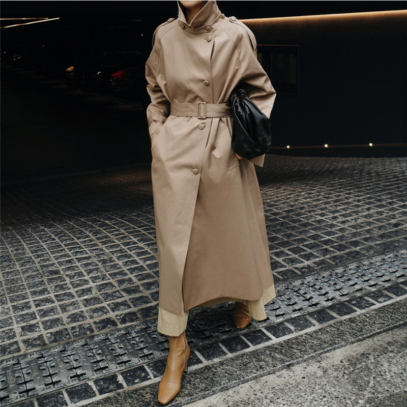 Long Trench Coat Waist Belt High Stand Collar Elegant