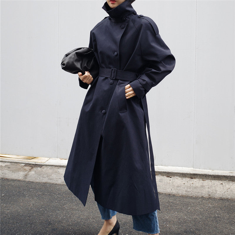 Long Trench Coat Waist Belt High Stand Collar Elegant