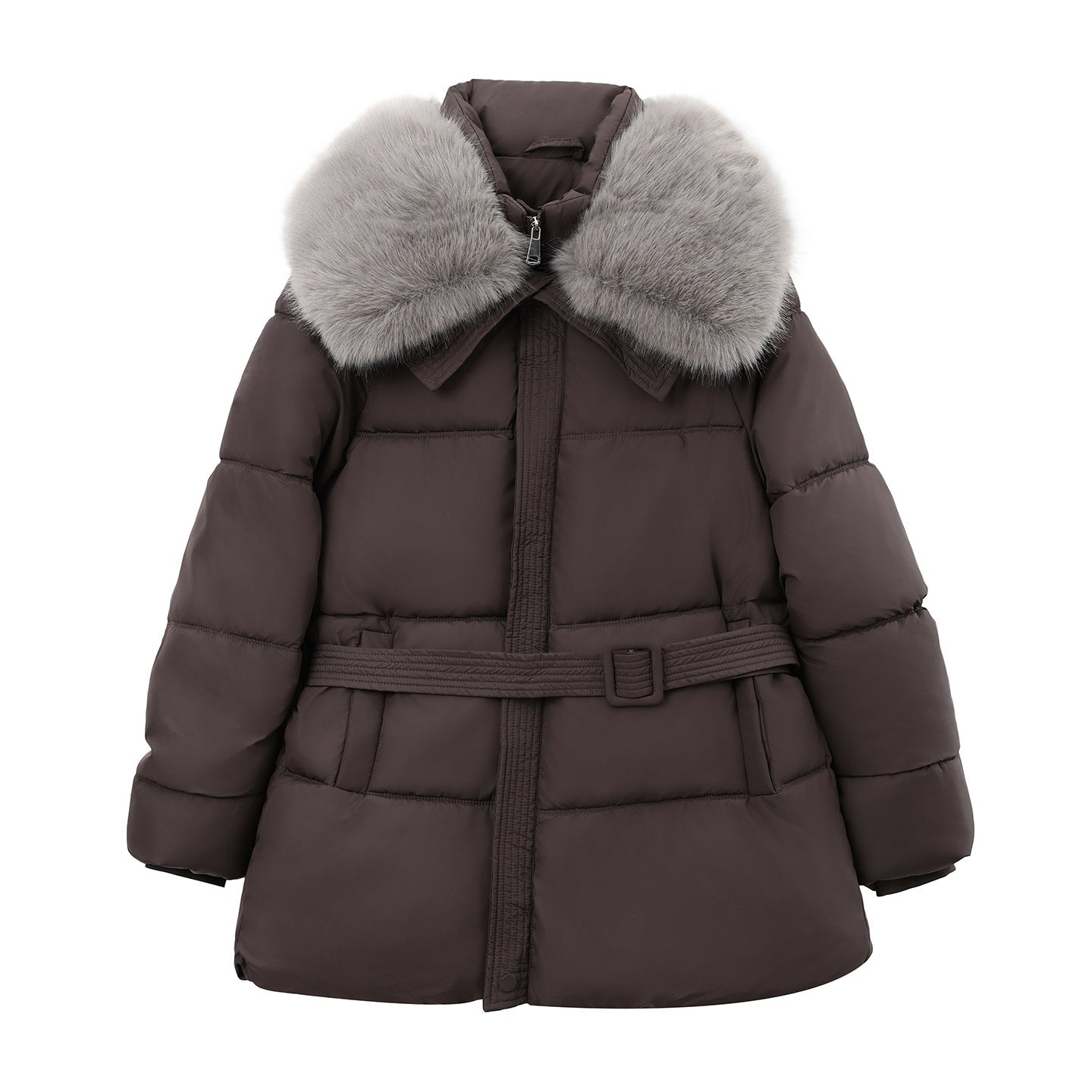 Short Quilted Coat Detachable Faux Fur Collar Belt