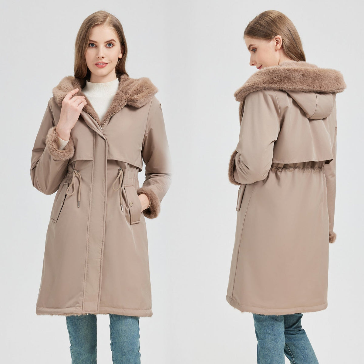 Long Parka Detachable Hood Adjustable Waist Drawstring