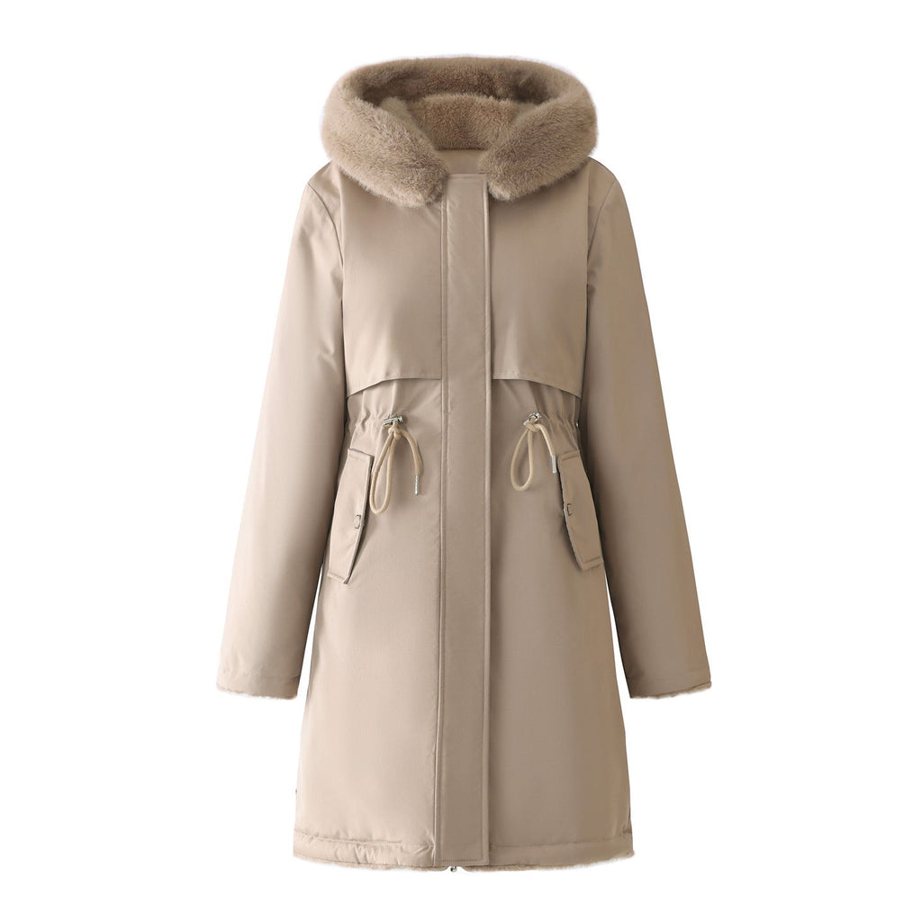 Long Parka Detachable Hood Adjustable Waist Drawstring