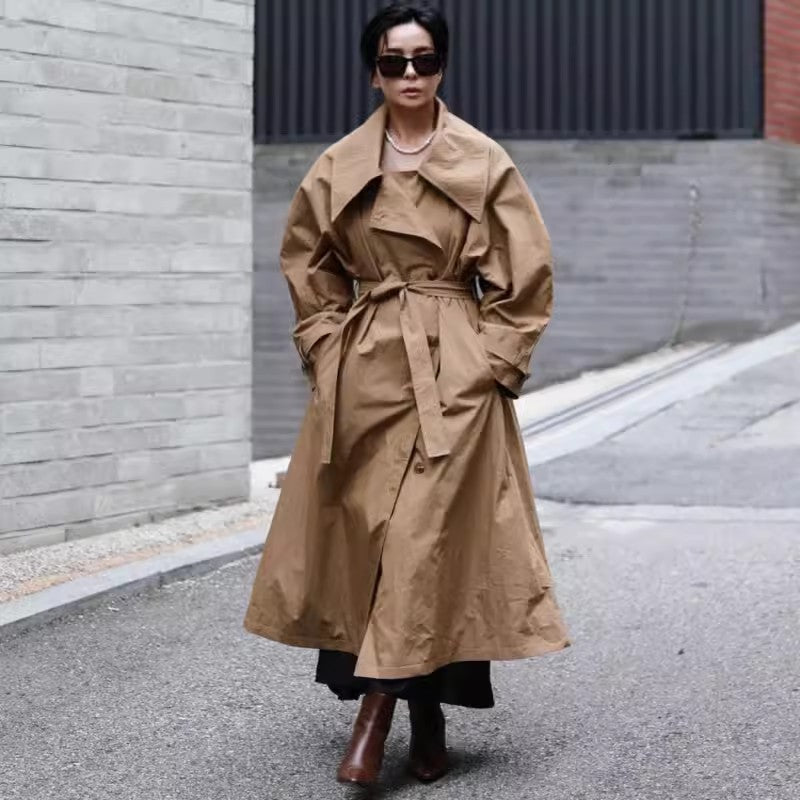 Oversized Trench Coat Waterfall Collar Tie Belt Relaxed