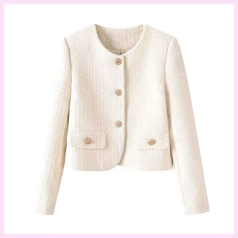 Elegant Short Tweed Jacket for Women with Gold Buttons