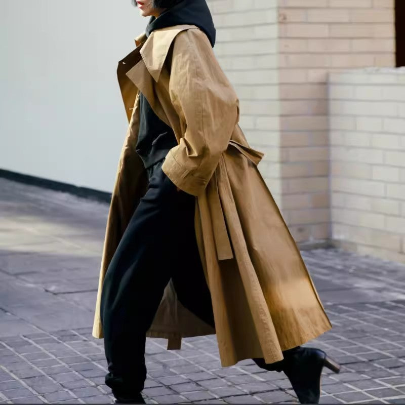 Oversized Trench Coat Waterfall Collar Tie Belt Relaxed