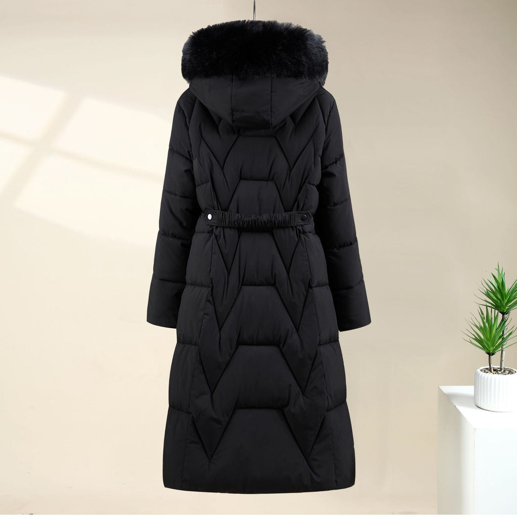 Long Quilted Parka Faux Fur Hood Ribbed Cuffs Winter