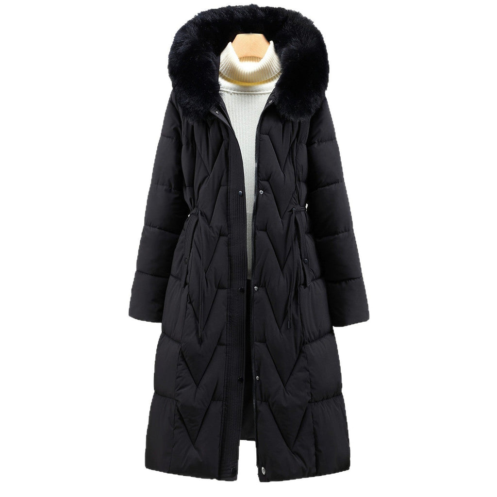 Long Quilted Parka Faux Fur Hood Ribbed Cuffs Winter