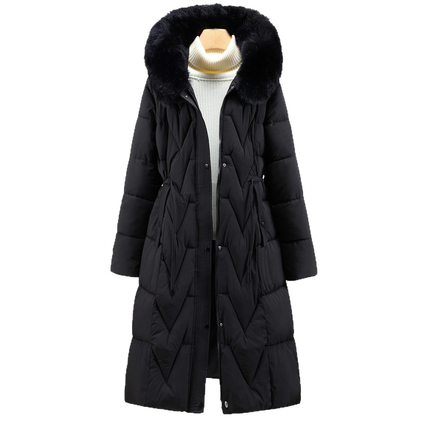 Long Quilted Parka Faux Fur Hood Ribbed Cuffs Winter