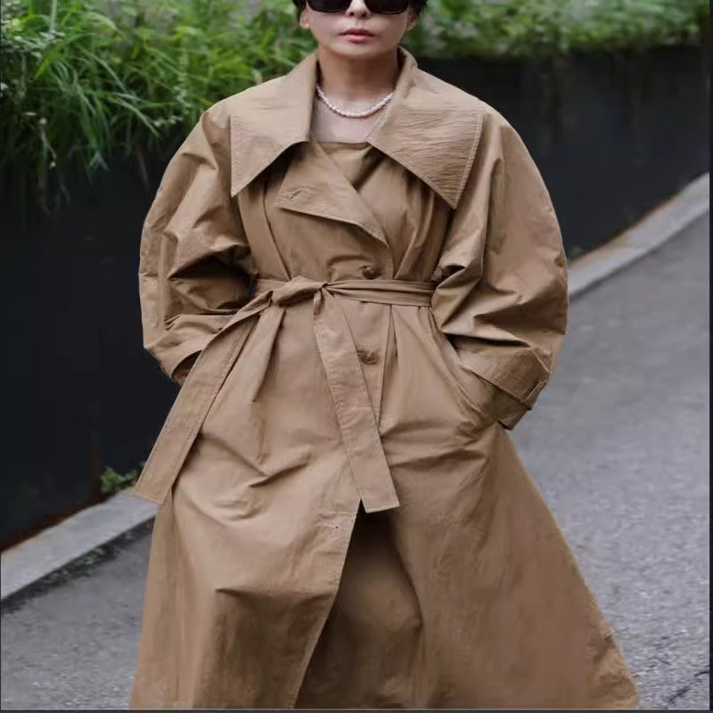 Oversized Trench Coat Waterfall Collar Tie Belt Relaxed