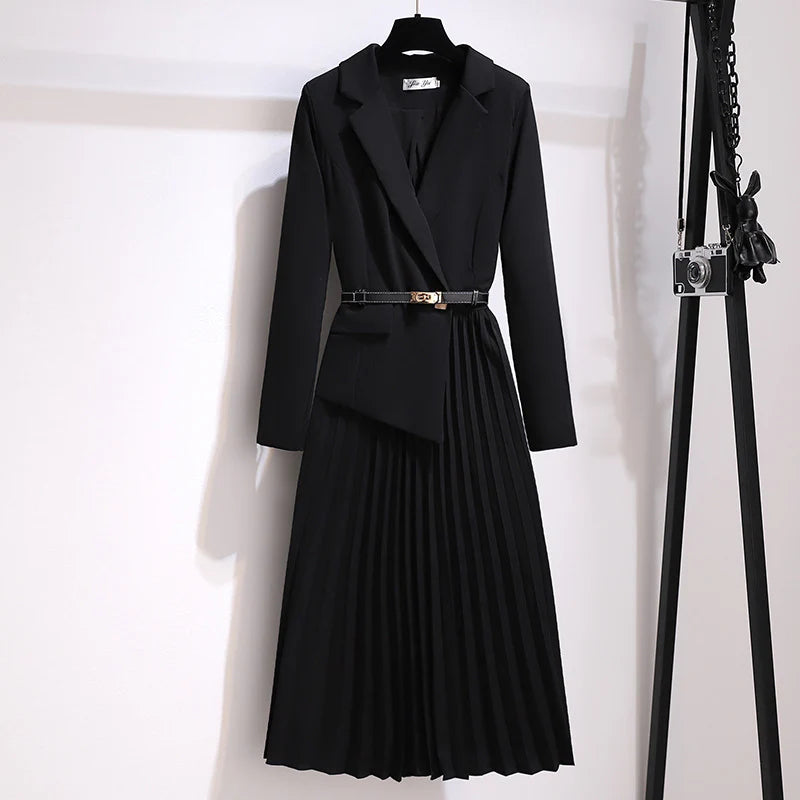 Women’s Pleated Blazer Dress Belted Long Sleeve