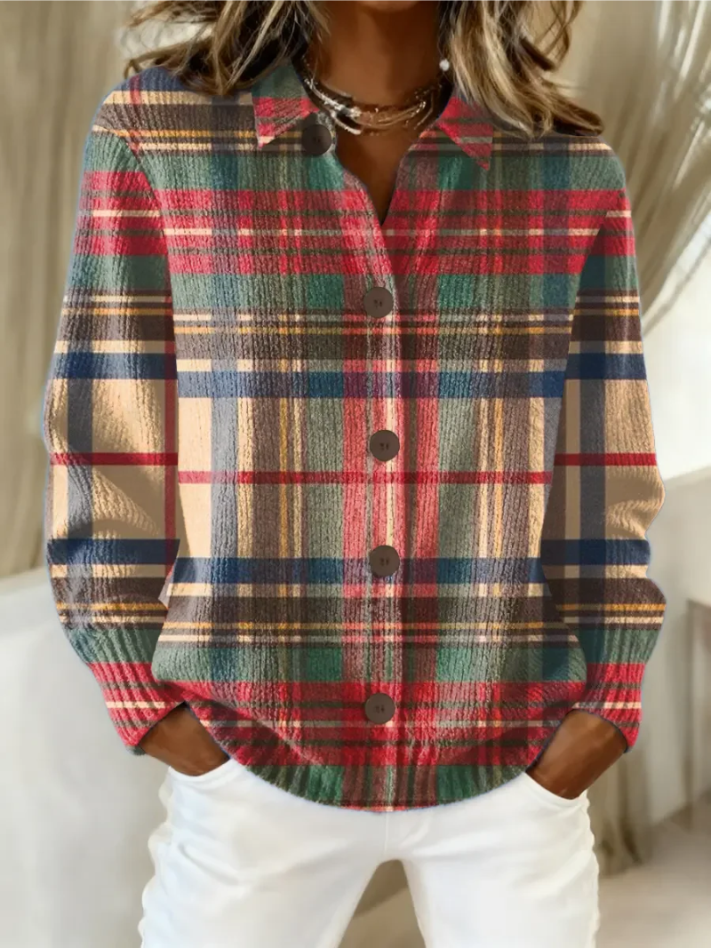 Multicolour plaid button cardigan for women by Bennett and Lowe, featuring a cozy knit design and vibrant pattern.