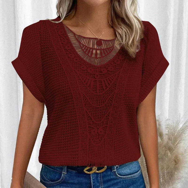 Round Neck Top Lace Trim Relaxed Long Sleeve Knit