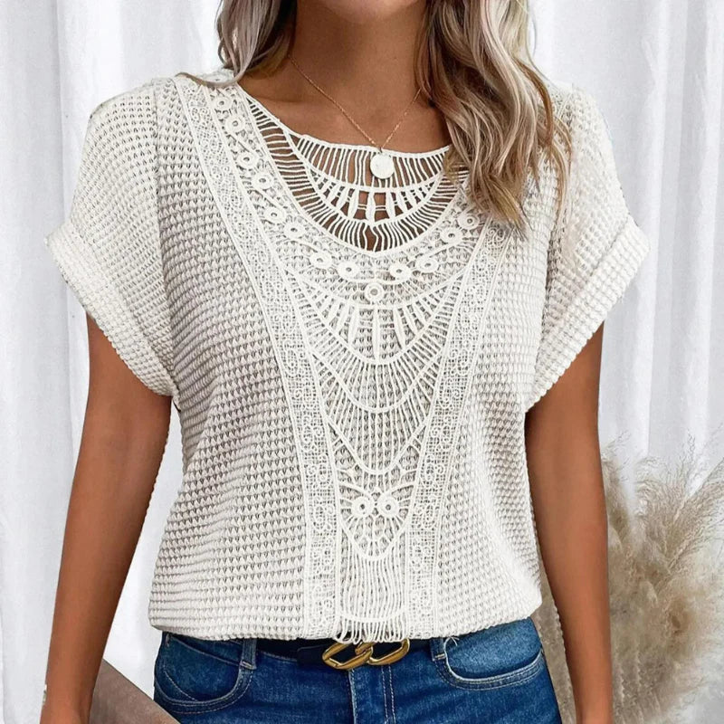 Round Neck Top Lace Trim Relaxed Long Sleeve Knit