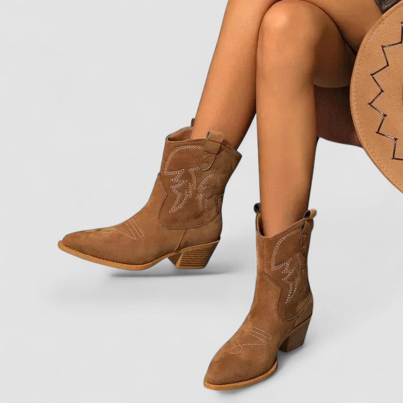 Lillian Western comfort boots by Bennett and Lowe with leather uppers and stylish stitching details.