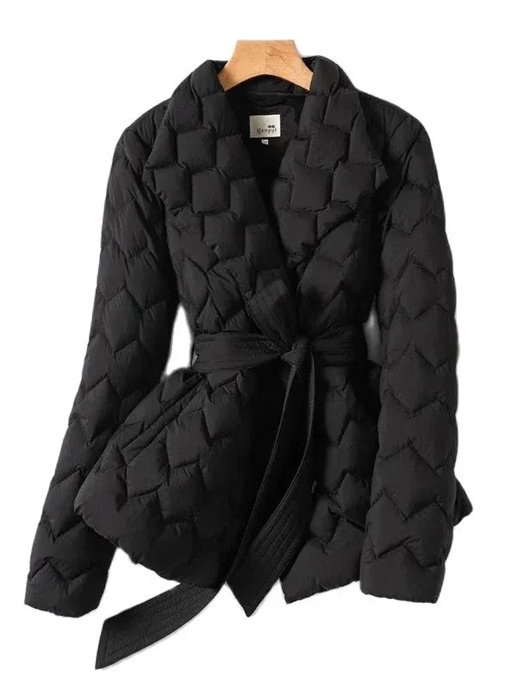 Elegant Down Jacket Belted Quilted Refined Winter