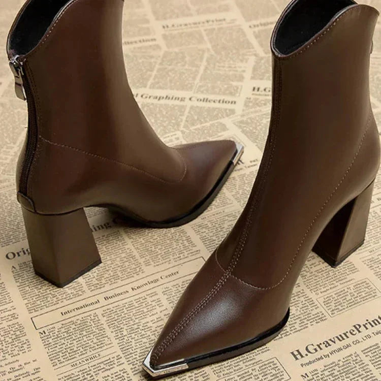 Leather Ankle Boots Square Heel Metal Detail Refined Luxe